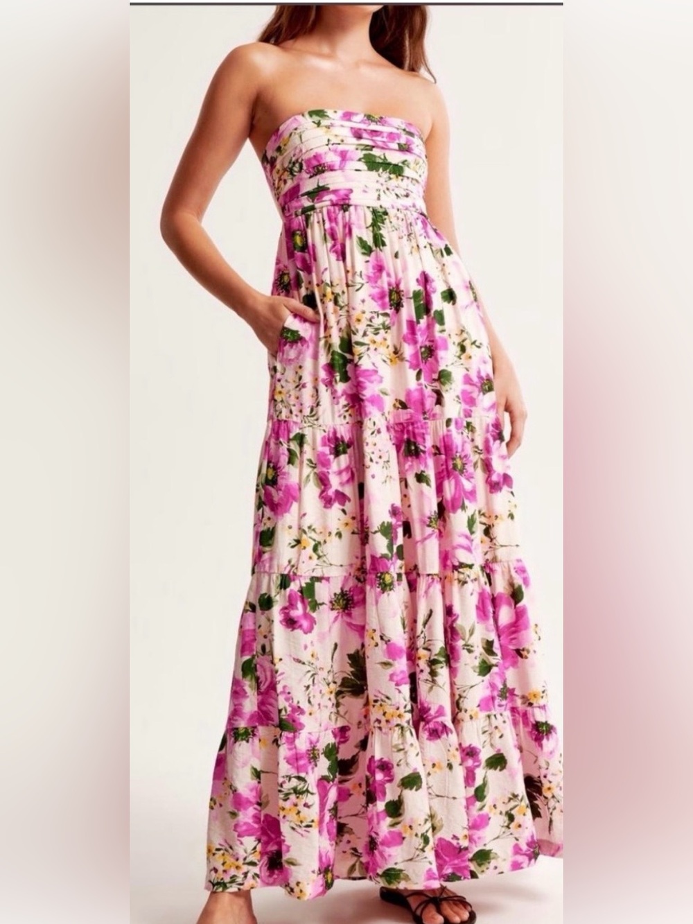 Abercrombie & Fitch Pink Floral Tiered Maxi Dress on Cream Ground
